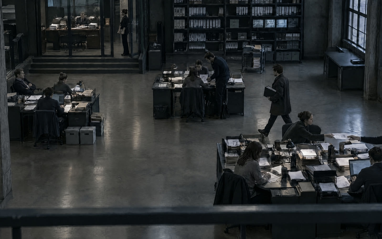 The open office floor of an established company, seen from a balcony above: three teams at their desks, a man carrying a folder between them, shelves of records at the back, an empty area under the windows, and a raised glass office where one executive works behind stacks of papers while an employee waits at the door.